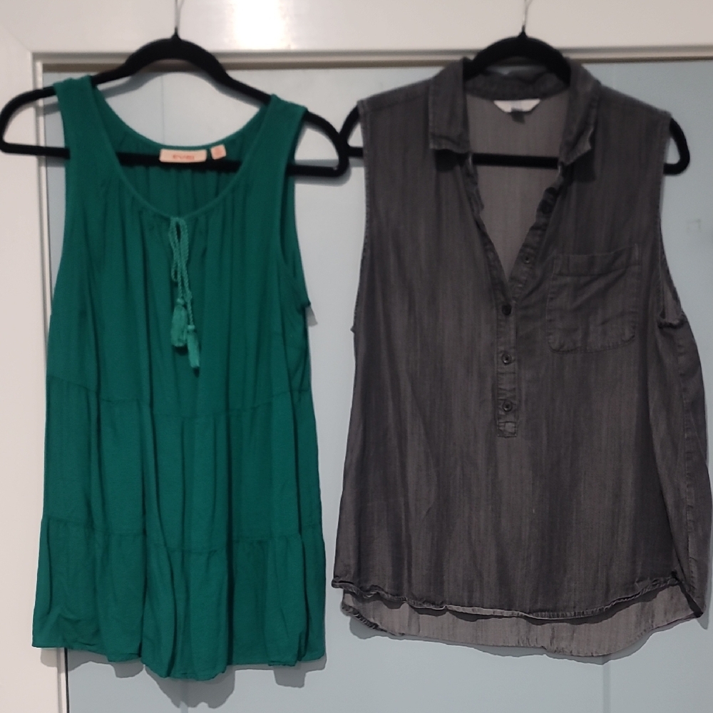 Bundle of 2: EVRI Green Tiered Top & Time and Tru Charcoal Sleeveless Top